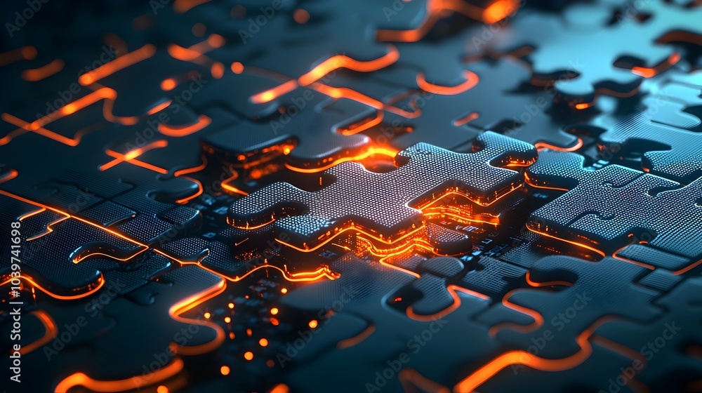 Poster stylized glowing mesh puzzle pieces interlocking with vibrant outlines creating an abstract and futu