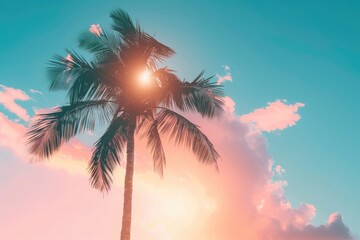Obraz premium Silhouette palm tree on sunset sky. Summer vacation concept. Vintage filter.
