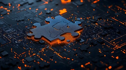 Stylized glowing mesh puzzle pieces interlocking with vibrant outlines creating a captivating and futuristic abstract digital art design