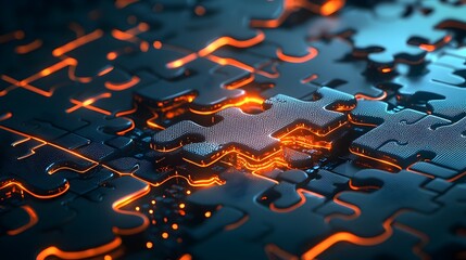 Stylized glowing mesh puzzle pieces interlocking with vibrant outlines creating an abstract and futuristic digital art composition  The intricate geometric pattern showcases a modern innovative