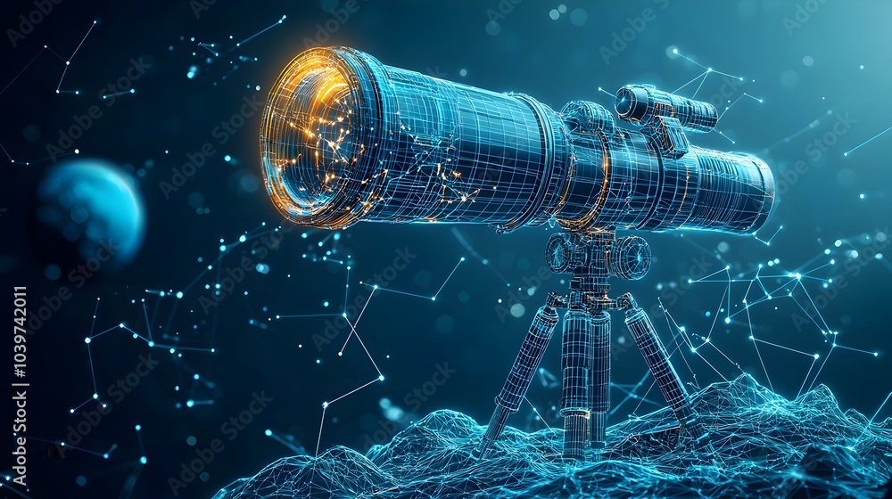 Poster telescope pointed at glowing neon constellations in starry night sky with luminous mesh lines illumi