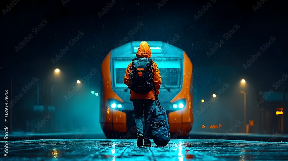 Poster Traveler boarding a train on a platform illuminated by captivating digital mesh patterns evoking a sense of modern technological adventure and mobility