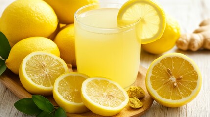  A wooden cutting board holds sliced lemons, nearby sits an untouched glass of lemonade and a mound of fresh lemons
