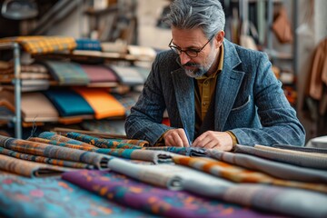 An elderly tailor carefully inspects a selection of fabric rolls in a bustling textile market. The vibrant colors and patterns around him reflect his expertise and passion for quality textiles