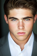 Fototapeta premium Professional headshot of a confident businessman in formal attire, wearing a dark suit and tie, with a focused expression, ideal for corporate profiles, business presentations, and branding materials.