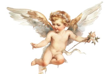 Cherubic angel holding floral garland