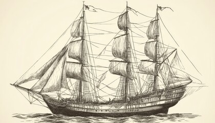 A detailed hand-drawn pirate ship sailboat with retro engravings, transformed into a vintage-inspired vector illustration