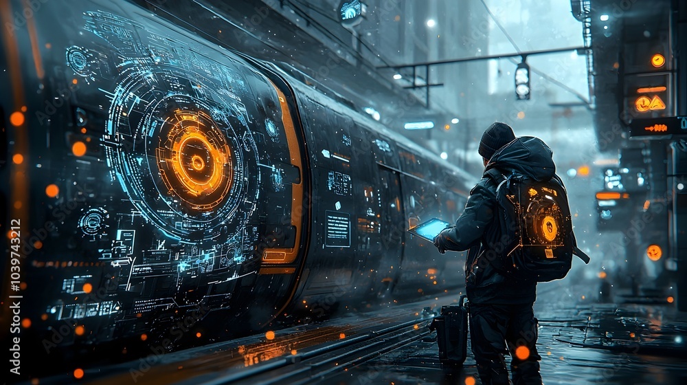 Aufkleber traveler boarding illuminated glowing mesh train at modern urban railway platform with futuristic li