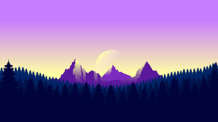 Purple mountain landscape wallpaper in a minimalist flat design style. Minimalist beauty background for desktop and wallpaper