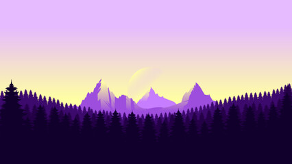 Purple mountain landscape wallpaper in a minimalist flat design style. Minimalist beauty background for desktop and wallpaper