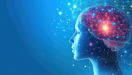 Fototapeta premium A powerful image of a human head with glowing neurons lighting up the brain, symbolizing intense thought
