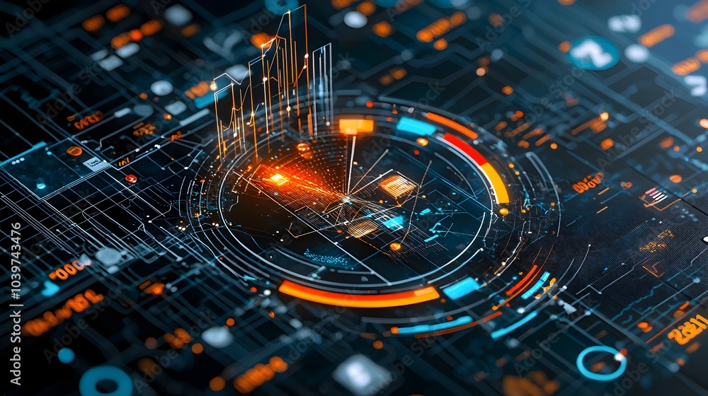 Poster Vibrant Glowing Mesh Line Pie Chart with Neon Illuminated Sections Illustrating Modern Data Visualization and Analytics Concepts
