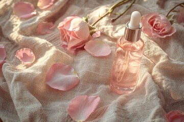 A sleek facial serum bottle elegantly displayed on a textured linen cloth, surrounded by soft pink rose petals. The gentle light creates a romantic atmosphere, leaving space for promotional text
