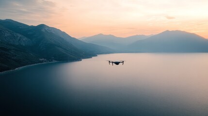 Drone flying over a calm lake with mountains in the background at sunset.