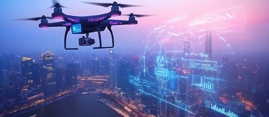 An autonomous drone flying above a smart city skyline capturing data with a glowing digital interface overlay on the scene