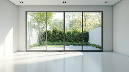 Obraz premium Empty room with large window looking out to a backyard.