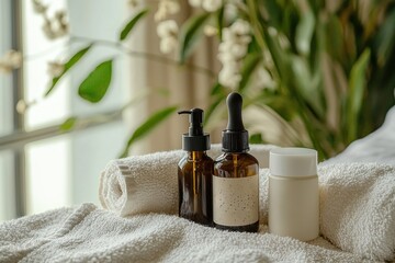 A soothing scene with a bathrobe and skincare products, including serum and eye cream, arranged on a plush towel. Soft natural light creates warmth, leaving room for text. Relaxing atmosphere