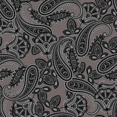 Paisley vector seamless design featuring stunning flowers and leaves in a batik-inspired style. Vintage backdrop