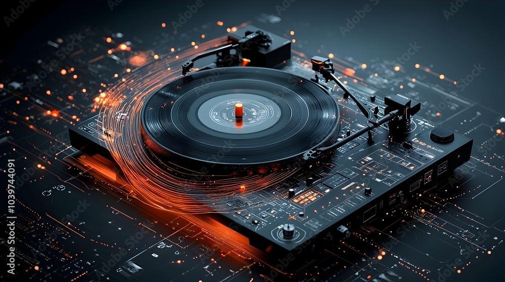 Poster vinyl player spinning records with glowing mesh waves visualizing the rhythm and melody of the music