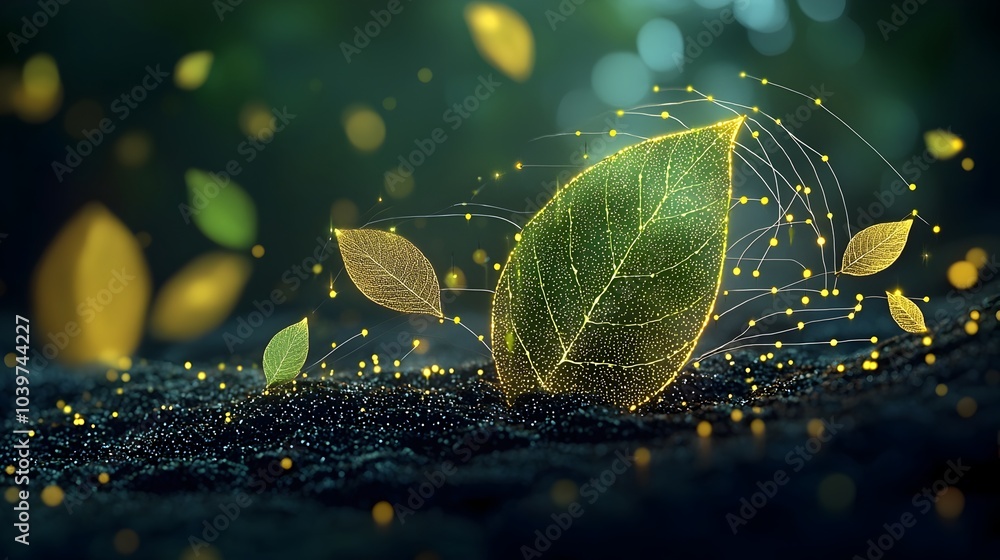 Poster Visually captivating abstract artwork featuring a glowing mesh like network of lines that dynamically showcases the natural cycle of leaves changing from vibrant green to warm brown tones