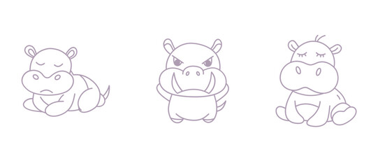 Obraz premium Adorable Outline Pygmy Hippopotamus Cartoon Minimalist Hand-Drawn Animal Illustration