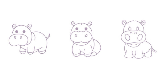 Adorable Outline Pygmy Hippopotamus Cartoon Minimalist Hand-Drawn Animal Illustration