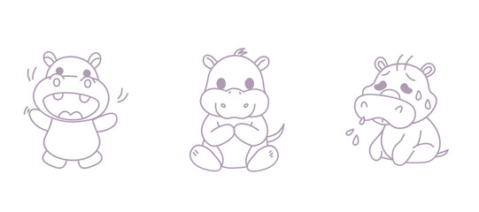 Adorable Outline Pygmy Hippopotamus Cartoon Minimalist Hand-Drawn Animal Illustration