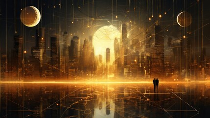 A futuristic cityscape glows under dual moons, enveloped in a golden aura, evoking mystery and the allure of an advanced civilization.