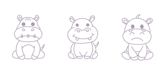 Adorable Outline Pygmy Hippopotamus Cartoon Minimalist Hand-Drawn Animal Illustration