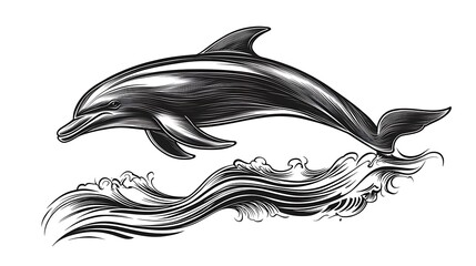 Fototapeta premium Minimalist line sketch of a leaping dolphin in mid-air, smooth and sleek lines capturing its graceful arc, drawn on a clean white background, emphasizing fluid motion and elegance, hd quality,