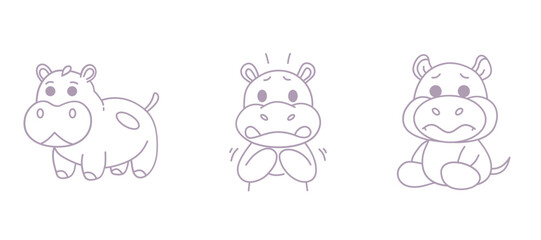 Obraz premium Adorable Outline Pygmy Hippopotamus Cartoon Minimalist Hand-Drawn Animal Illustration