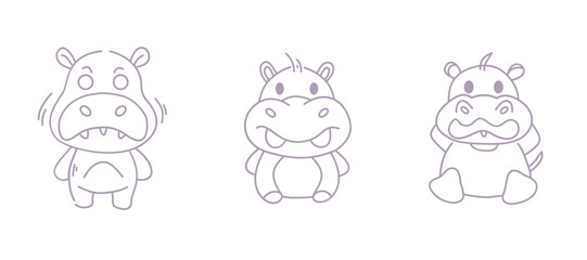 Obraz premium Adorable Outline Pygmy Hippopotamus Cartoon Minimalist Hand-Drawn Animal Illustration