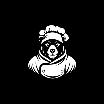 A white silhouette of a bear wearing a chef's hat and jacket against a black background.
