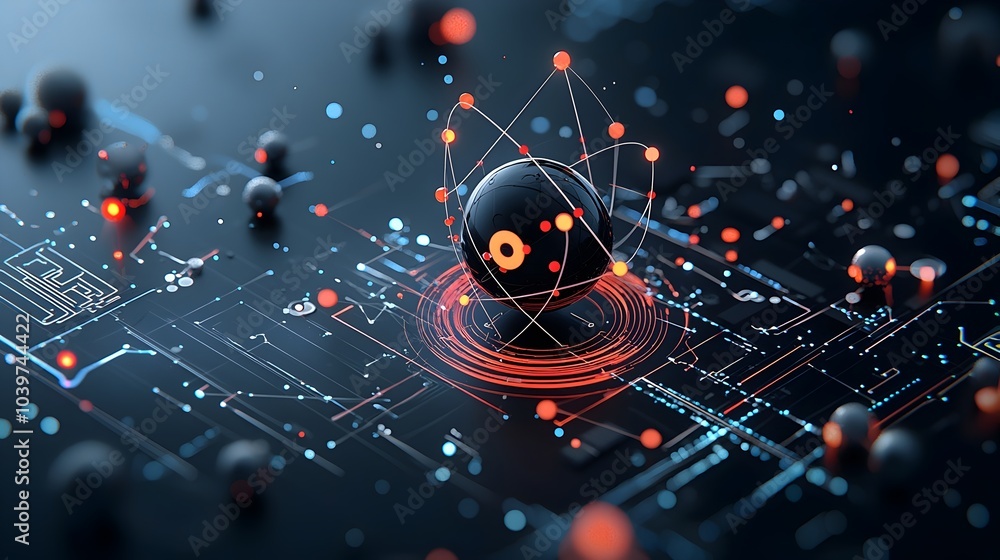 Poster visually striking 3d depicting a glowing mesh representation of an atom with trails of light showcas