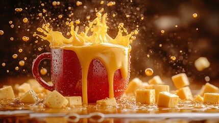 A vibrant splash of melted cheese from a red cup, surrounded by cheese cubes.