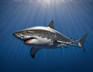 Naklejka premium Majestic Fish: Great White Shark with Sharp Teeth in Blue Waters