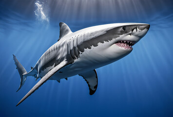 Fototapeta premium Full-Body Great White Shark Diving in the Ocean