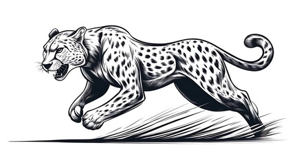 Minimalist line sketch of a running cheetah, its body stretched out in full sprint, sleek and flowing lines capturing its speed and grace, drawn on a clean white background,