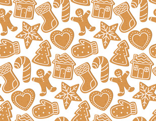 Seamless christmas pattern with gingerbread cookies of various shapes. 