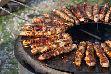 Cooking meat brochettes on a fire pit