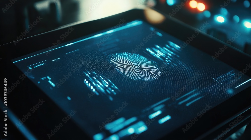 Poster digital fingerprint on tablet screen used for biometric security verification in dimly-lit environme