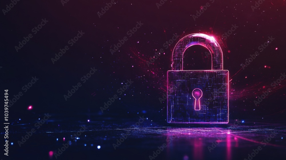 Poster digital lock illuminated by neon lights symbolizing cybersecurity and data protection