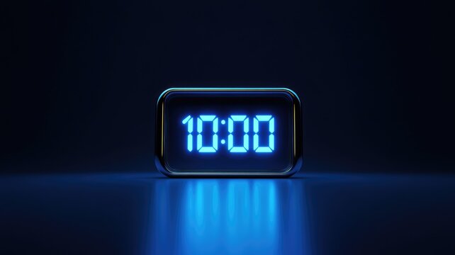 Digital clock displaying 10:00 against dark background, glowing blue numbers