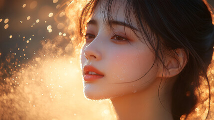 Close-up of a serene woman with mist lightly touching her face, backlit by the setting sun, highlighting her delicate features and radiant skin