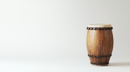 Wooden cylindrical drum with light-colored drumhead on empty backdrop