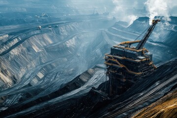 Pit mine machinery at work, showcasing the heavy-duty equipment used for large-scale mining operations in an open-pit setting