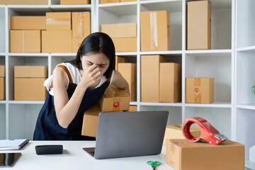 Stressed Young Woman Managing Online Business with Laptop and Cardboard Boxes in Home Office