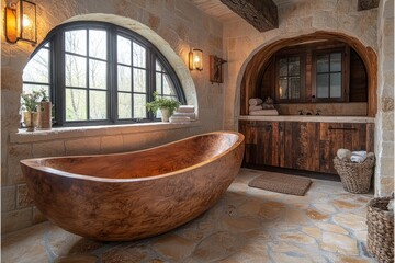 Obraz premium a luxurious rustic bathroom with a handcrafted wooden bathtub 