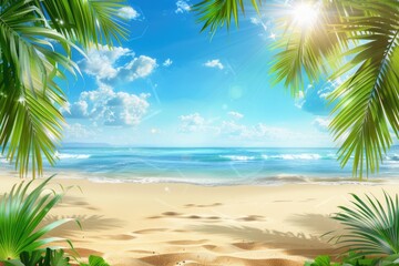 Obraz premium Golden tropical beach with palm leaves sun rays and copy space.