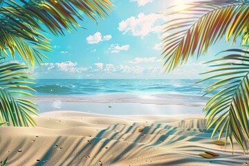 Obraz premium Golden tropical beach with palm leaves sun rays and copy space.